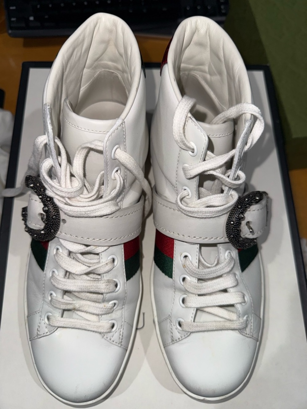 Gucci White High-Top Sneakers with Red & Green Web and Crystal Buckle - Picture 12 of 12